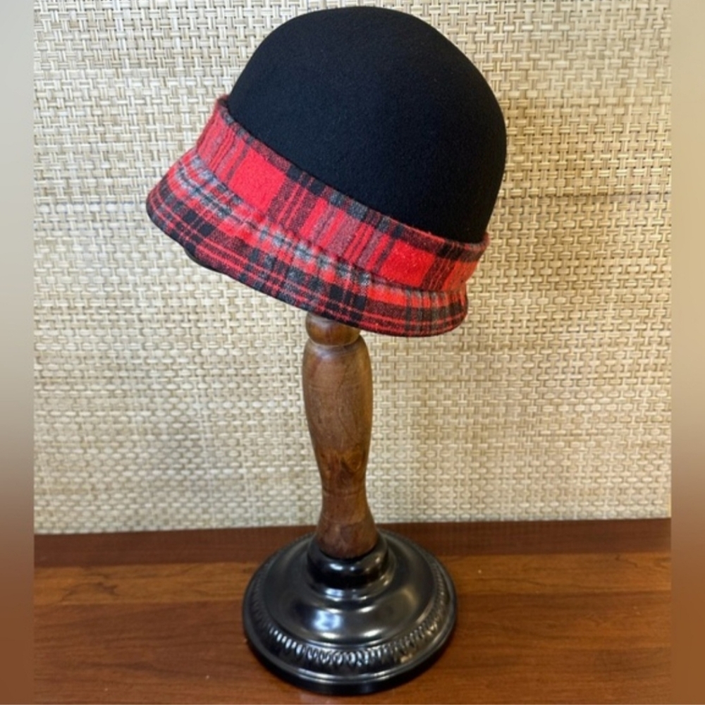 🌟HP🌟Retro Red Tartan Wool Felt Cloche Side Bow Adjustable Water Resistant - Picture 4 of 9